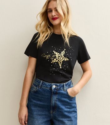 Black Leopard Pattern Star Print T-Shirt