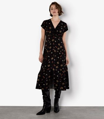 Apricot Black Floral Heart Print Ditsy Dress