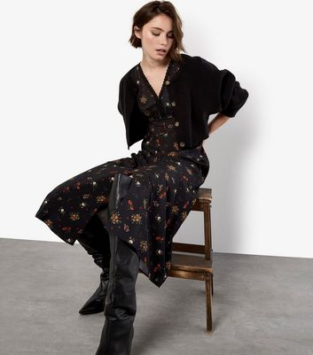 Apricot Black Floral Heart Print Ditsy Dress