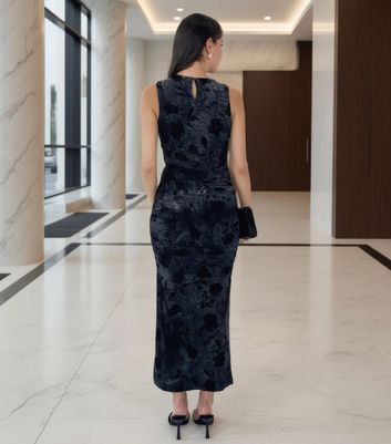AX Paris Black Velour Floral Fitted Midi Dress