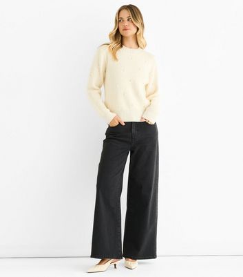 Gini London Cream Faux Pearl Studded High Neck Jumper