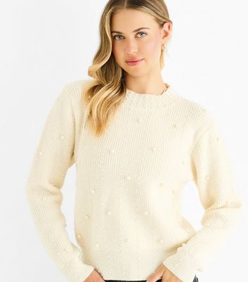 Gini London Cream Faux Pearl Studded High Neck Jumper