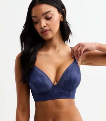 Navy DD+ Foiled Lace Non Padded Mesh Bra