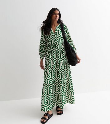 Gini London Green Abstract Print Long Sleeve Maxi Dress