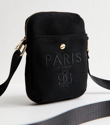 Black Paris Embroidered Canvas Phone Bag