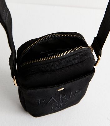 Black Paris Embroidered Canvas Phone Bag