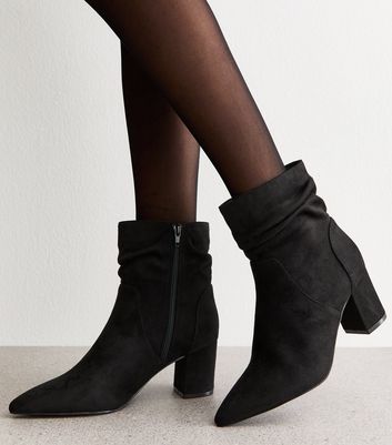 Black Faux Suede Ruched Effect Ankle Boots