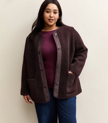 Curves Burgundy Borg Button Through Jacket