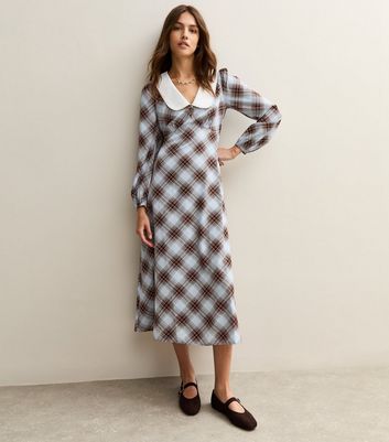 Blue Checked Contrast Collar Midi Dress