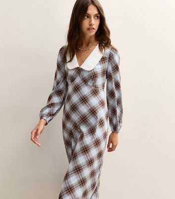 Blue Checked Contrast Collar Midi Dress