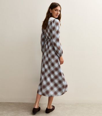 Blue Checked Contrast Collar Midi Dress 4 Blue Checked Contrast Collar Midi Dress