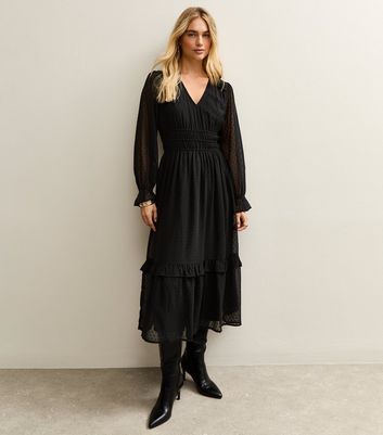 Black Dobby Ruched Waist Midi Dress