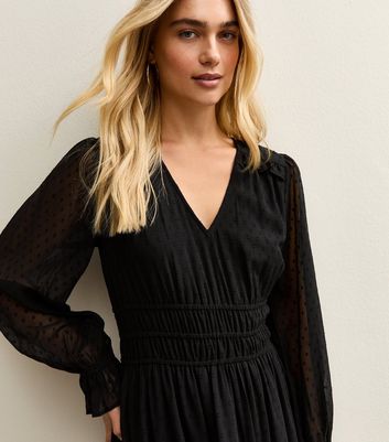 Black Dobby Ruched Waist Midi Dress
