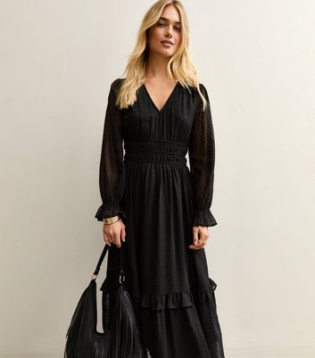Black Dobby Ruched Waist Midi Dress 3 Black Dobby Ruched Waist Midi Dress