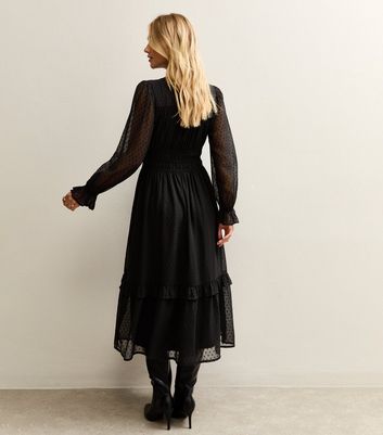 Black Dobby Ruched Waist Midi Dress 4 Black Dobby Ruched Waist Midi Dress