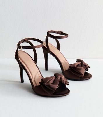 Brown Satin Bow Front Stiletto Sandals