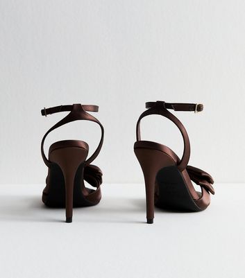 Brown Satin Bow Front Stiletto Sandals 4 Brown Satin Bow Front Stiletto Sandals