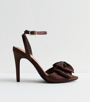 Brown Satin Bow Front Stiletto Sandals 5 Brown Satin Bow Front Stiletto Sandals