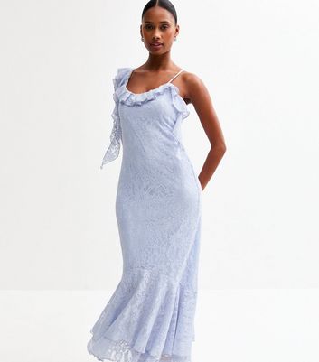 Blue Frilly Trimmed Tiered Hem Lace Midi Dress