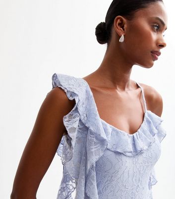 Blue Frilly Trimmed Tiered Hem Lace Midi Dress