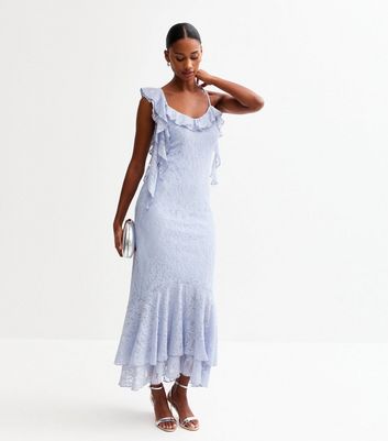 Blue Frilly Trimmed Tiered Hem Lace Midi Dress 3 Blue Frilly Trimmed Tiered Hem Lace Midi Dress