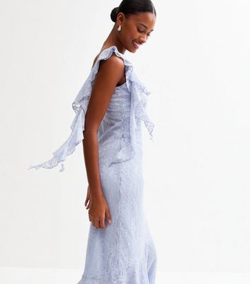 Blue Frilly Trimmed Tiered Hem Lace Midi Dress 4 Blue Frilly Trimmed Tiered Hem Lace Midi Dress