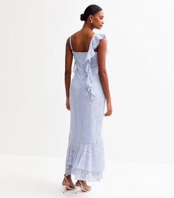 Blue Frilly Trimmed Tiered Hem Lace Midi Dress 5 Blue Frilly Trimmed Tiered Hem Lace Midi Dress