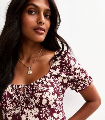 Red Floral Print Crinkled Jersey Milkmaid Mini Dress