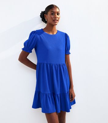 Blue Textured Short Sleeved Smock Dress