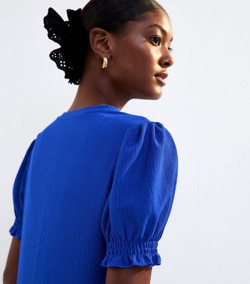 Blue Textured Short Sleeved Smock Dress