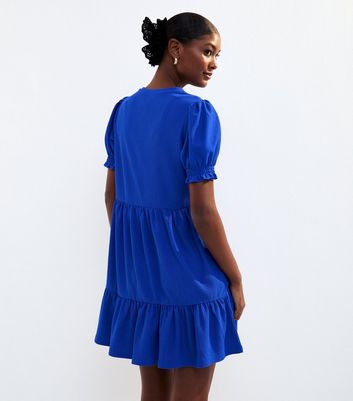 Blue Textured Short Sleeved Smock Dress