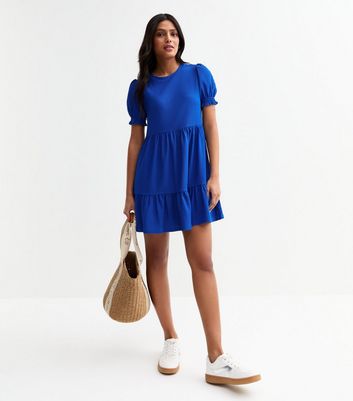 Blue Textured Short Sleeved Smock Dress