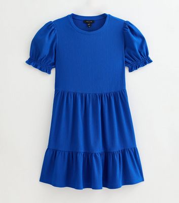 Blue Textured Short Sleeved Smock Dress