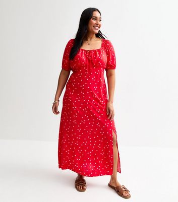 Curves Red Polka Dot Print Midi Dress