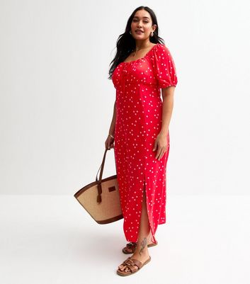 Curves Red Polka Dot Print Midi Dress