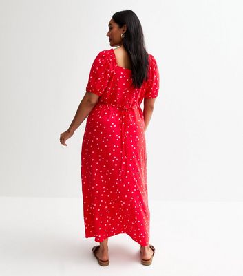 Curves Red Polka Dot Print Midi Dress