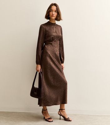 Brown Satin Jacquard Keyhole Neck Midi Dress