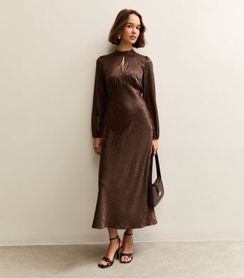 Brown Satin Jacquard Keyhole Neck Midi Dress