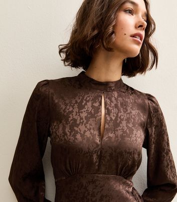 Brown Satin Jacquard Keyhole Neck Midi Dress 3 Brown Satin Jacquard Keyhole Neck Midi Dress