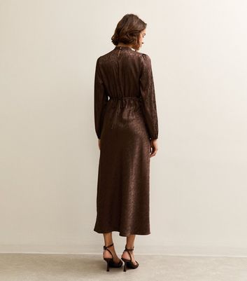 Brown Satin Jacquard Keyhole Neck Midi Dress 4 Brown Satin Jacquard Keyhole Neck Midi Dress