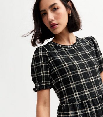 Black Crinkled Checked Mini Smock Dress