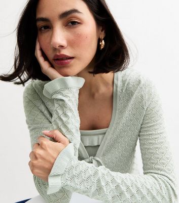 Light Green Pointelle Knit Tie Front Cardigan