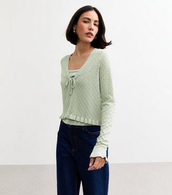 Light Green Pointelle Knit Tie Front Cardigan