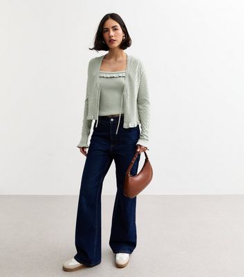 Light Green Pointelle Knit Tie Front Cardigan