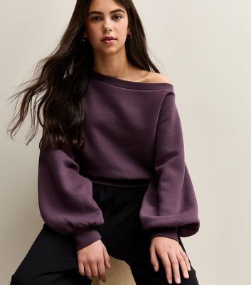 Girls Purple Off The Shoulder Sweatshirt 3 Girls Purple Off The Shoulder Sweatshirt