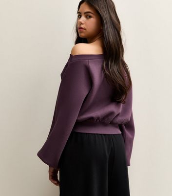 Girls Purple Off The Shoulder Sweatshirt 4 Girls Purple Off The Shoulder Sweatshirt