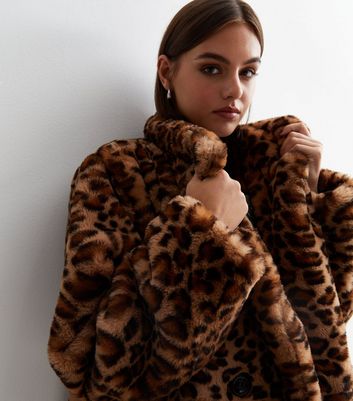 Gini London Rust Faux Fur Leopard Print Coat