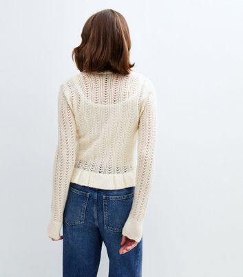 Cream Flower Applique Pointelle Knit Cardigan 4 Cream Flower Applique Pointelle Knit Cardigan