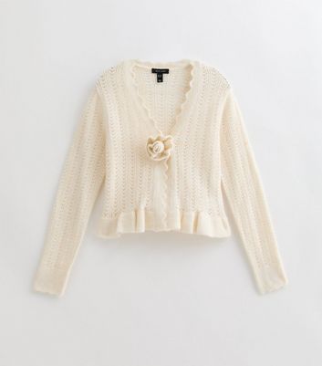 Cream Flower Applique Pointelle Knit Cardigan 5 Cream Flower Applique Pointelle Knit Cardigan