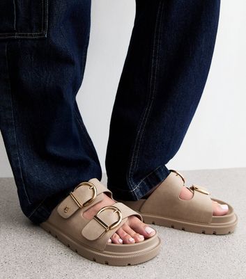 Wide Fit Brown Faux Leather Buckle Strap Sandals